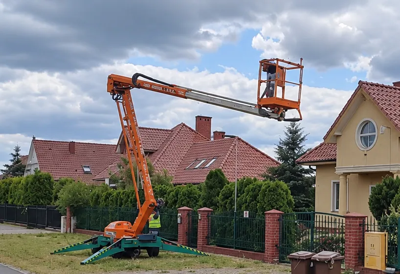 Podnośnik koszowy 17,1 m z wysięgnikiem rozłożonym w stronę dachu domu jednorodzinnego