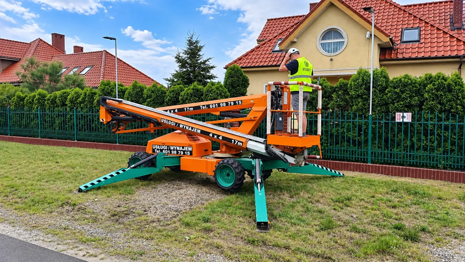 Podnośnik koszowy 17,1 m rozstawiony na podporach, operator w koszu przy złożonym wysięgniku